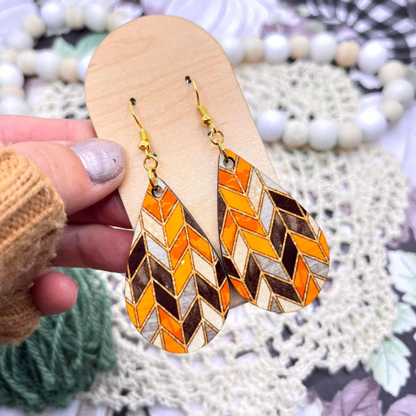 Orange Chevron Wood Teardrop Earrings