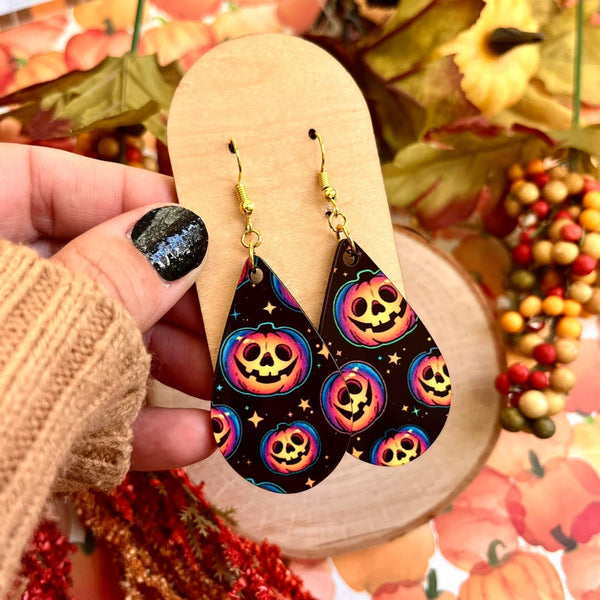 Colorful Jack-O-Lantern Wood Teardrop Earrings