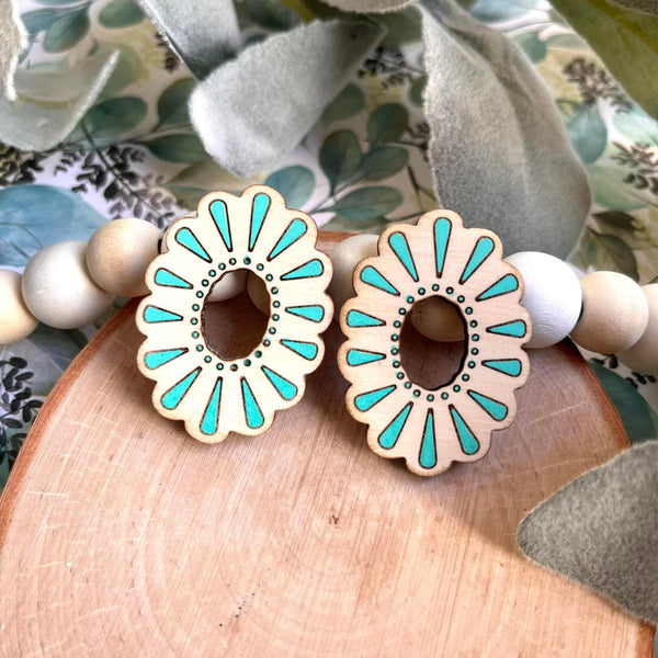 Ivory and Aqua Handpainted Wood Stud Earrings