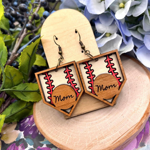 Home Plate Baseball Mom Wood Earrings