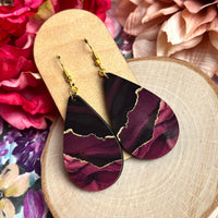 Burgundy and Gold Wood Teardrop Earrings