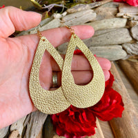 Extra Large Gold Leather Hollow Teardrop Earrings