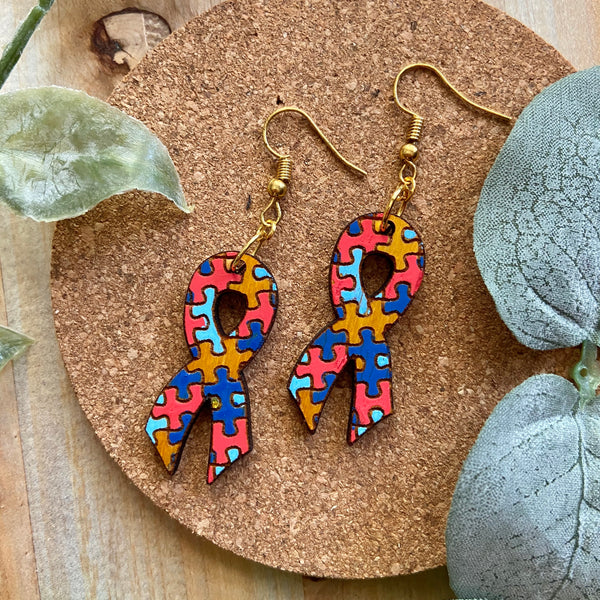 Autism Awareness Wood Ribbon Earrings