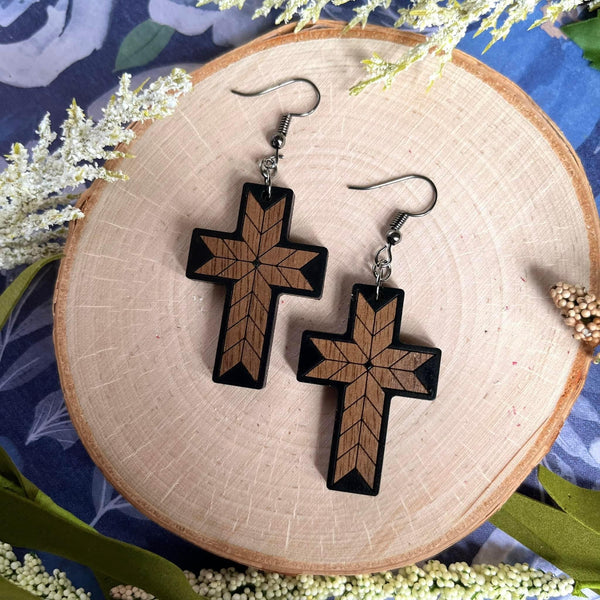 Barn Quilt Walnut Wood Cross Earrings