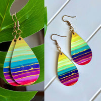 Rainbow and Gold Striped Wood Teardrops Earrings