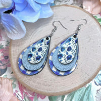 Floral and Gingham Blue Wood Teardrop Earrings