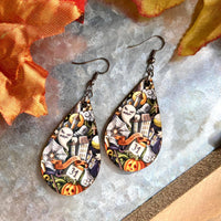 Halloween Doodle Wood Teardrop Earrings