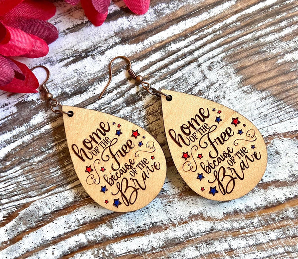 Maple Wood "Home of the Free Because of the Brave" Teardrop Earrings