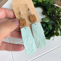 Mint and White Palm Leather and Cherry Wood Pendant Earrings