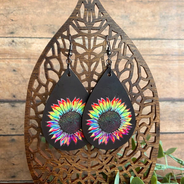 Tie Dye Sunflower Earrings on Sub Wood