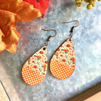 Pumpkin and Polka Dot Wood Teardrop Earrings