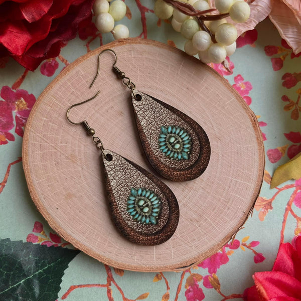 Bronze and Turquoise Sun Wood Teardrop Earrings