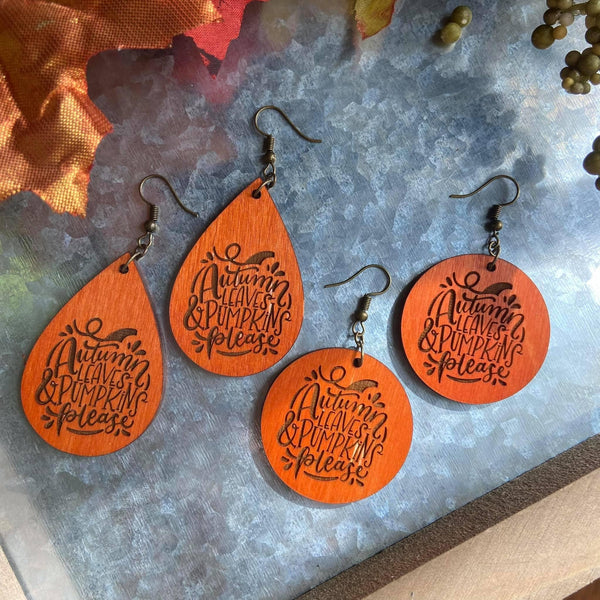 2.1” Autumn Leaves and Pumpkin Please Wood Teardrop Earrings