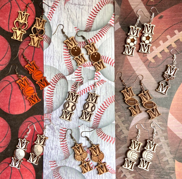 Mom Sports Wood Earrings (Baseball, Football, Golf, Volleyball, Bowling, Soccer, Lacrosse, Basketball, Football, or Tennis)