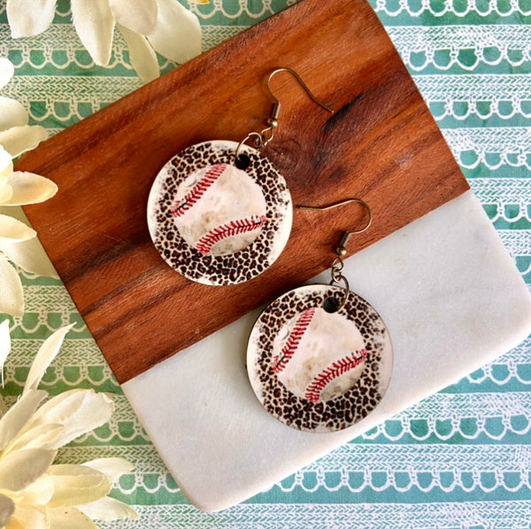 Cheetah Baseball Wood Earrings