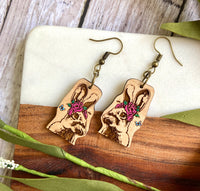 Floral Bunny Rabbit Wood Earrings