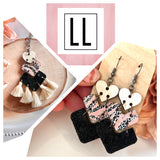 Whitewashed Wood Hearts, Blush Cheetah, and Shimmery Black Leather Chevron Dangles Earrings or Necklace