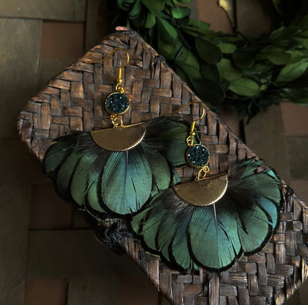 Iridescent and Deep Green Feather Fan Earrings