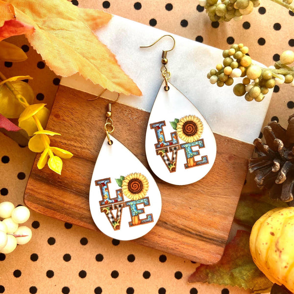 “Love” Sunflower Wood Teardrop Earrings