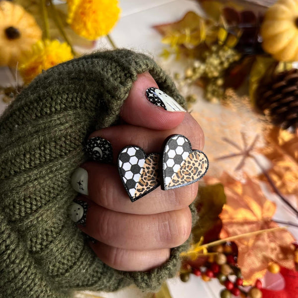 Soccer and Cheetah Heart Stud Earrings