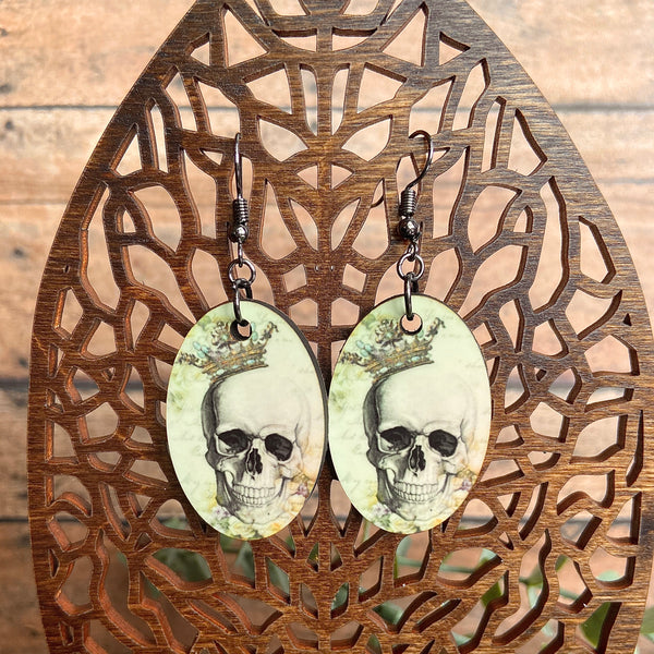 Whimsical Skeleton King Wood Earrings