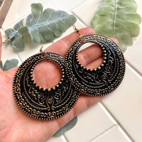 Large Lightweight Metal Black And Gold Hoop Earrings