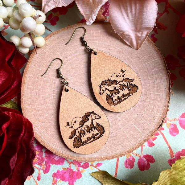 Maple Wood Horse Teardrop Earrings