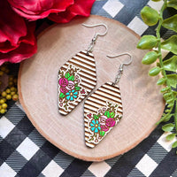 Striped Floral Wood Engraved Earrings