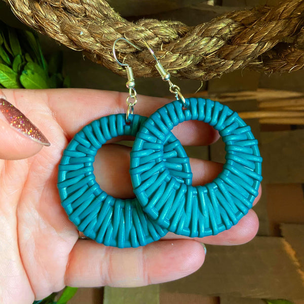 Teal Raffia Hoop Earrings