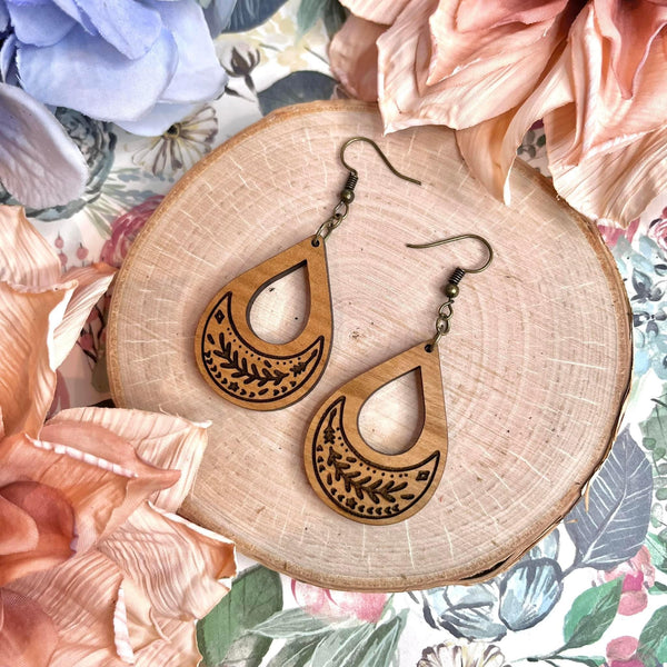 Moon Engraved Teardrop Wood Earrings