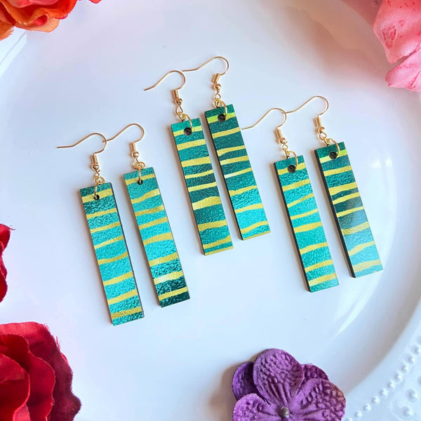 Gold Ocean Striped Wood Bar Earrings