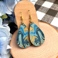 Retro Blue and Gold Sub Wood Earrings