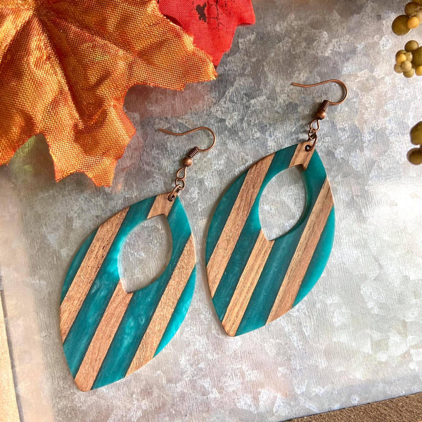 Teal Resin and Wood Hollow Petal Earrings