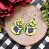 Yellow and Purple Floral Wood Earrings