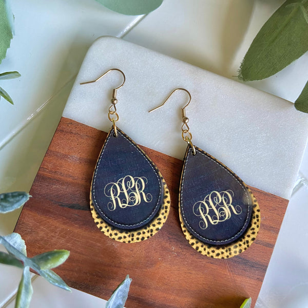 Black and Cheetah Monogrammed Wood Earrings