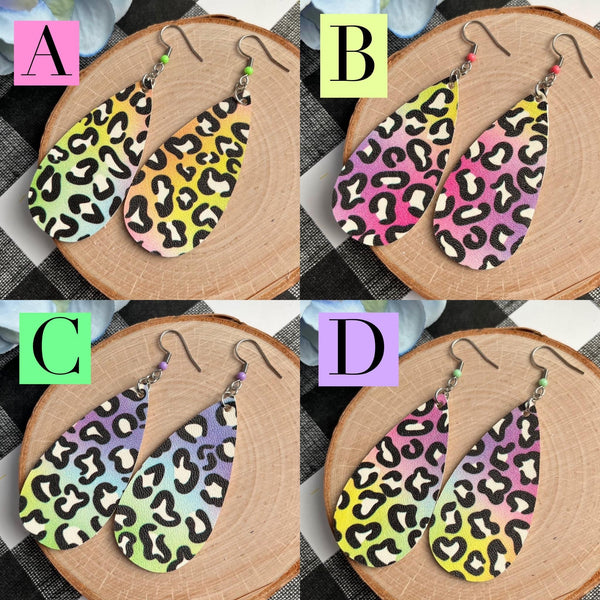 Rainbow Cheetah Leather Earrings