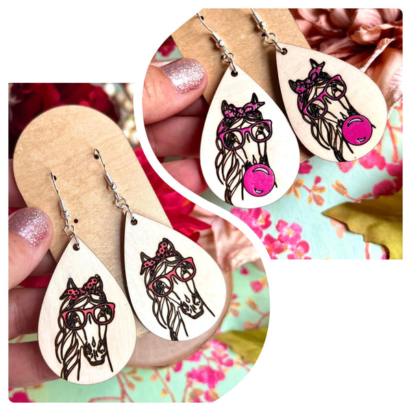 Silly Filly Wood Horse Teardrop Earrings