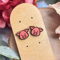 Piggy Wood Stud Earrings