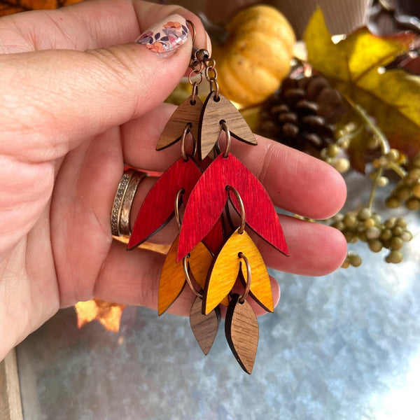 Walnut, Cardinal, and Sunflower Wood Petal Earrings