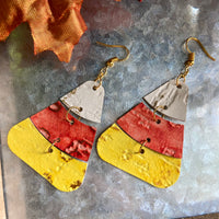 White, Pumpkin, and Sunflower Wildwood Joined Candy Corn Leather Earrings