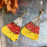 White, Pumpkin, and Sunflower Wildwood Joined Candy Corn Leather Earrings