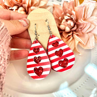 Red and White Striped Heart Layered Vegan Teardrop Earrings