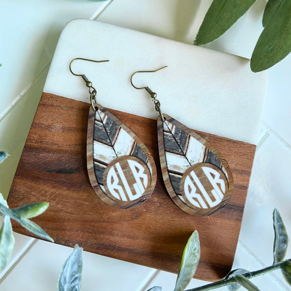 Faux Distressed Wood Monogrammed Teardrop Earrings