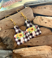 Buffalo Plaid Sunflower Steer Cow Tag Earrings on Sub Wood