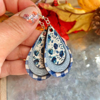 Floral and Gingham Blue Wood Teardrop Earrings