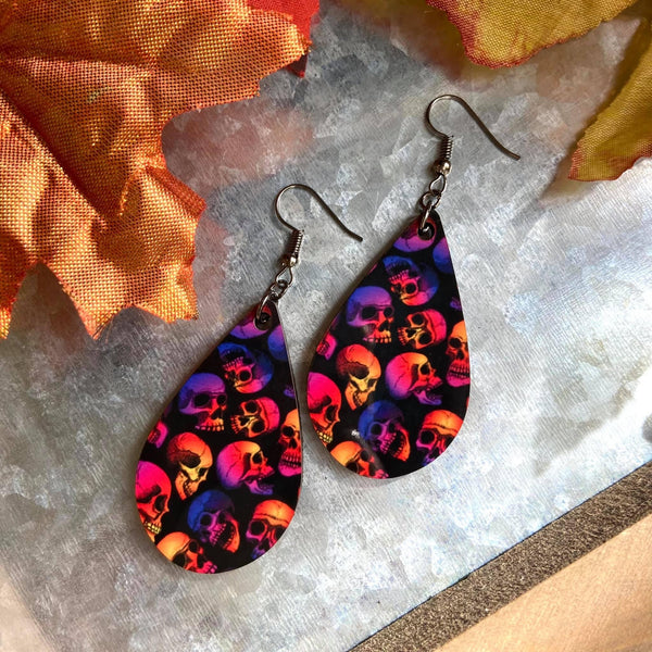 Dark Rainbow Skull Teardrop Earrings