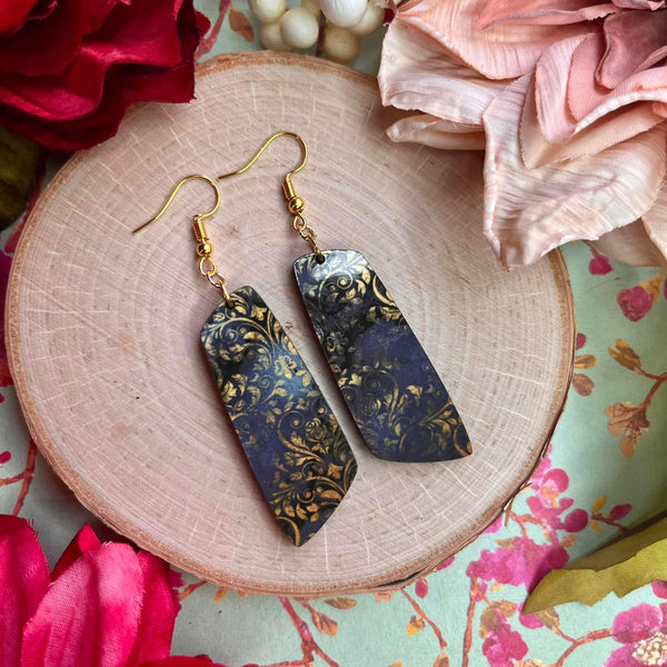 Navy and Gold Swirl Wood Earrings