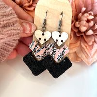 Whitewashed Wood Hearts, Blush Cheetah, and Shimmery Black Leather Chevron Dangles Earrings or Necklace