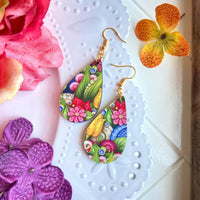 Floral Doodle Wood Teardrop Earrings