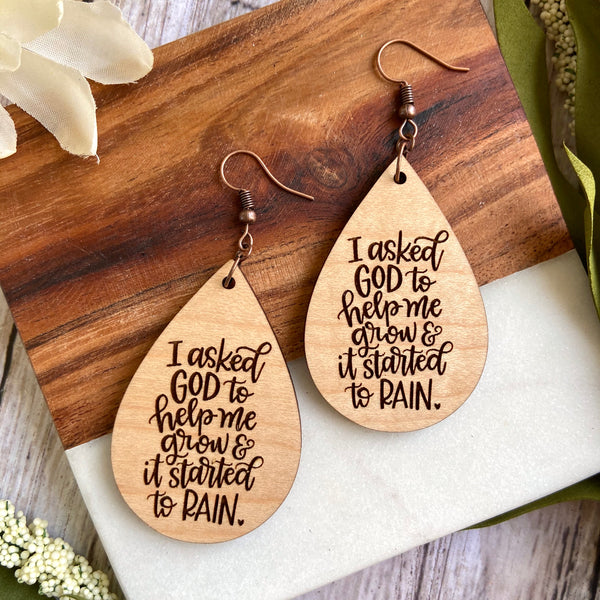 “I Asked God to Help me Grow” Wood Earrings